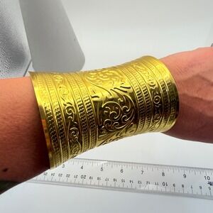 Wide Gold Tone Embossed Cuff Bracelet Ornate Boho Statement 74g